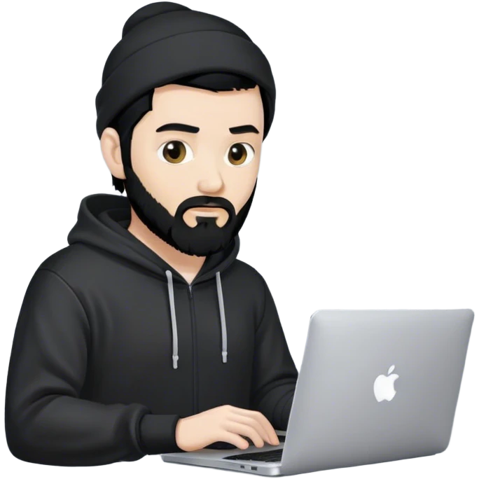 hackeur blanc cheveux noir barbe et capuche noir avec un macbook emoji