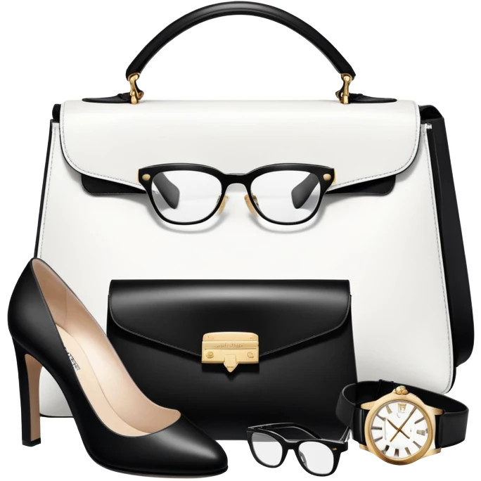 all BLACK AND WHITE 1 bag, and 1 glasses, 1 pair of shoes, and 1 watch rolex, all BLACK AND WHITE, and all luxury items like lv and prada, and rolex, and balenciaga emoji