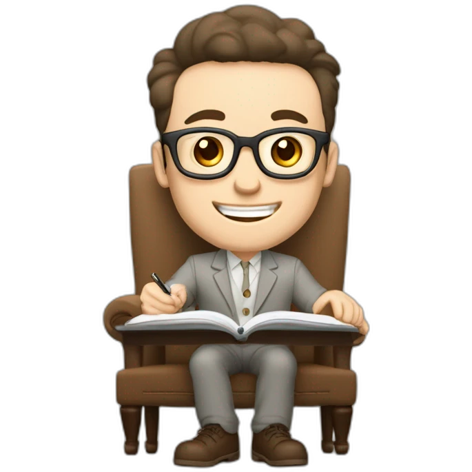 Joyful Celebrating victory Pale skinned Fit Man With dark brown hair in gray jacket, beige office shirt, Brown pants and vintage glasses sitting In a soft chair with a notebook and a pen emoji