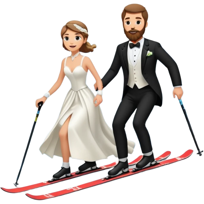 a couple skiing, man with a beard in a tux and woman in a wedding dress on their skiis going down a slope emoji