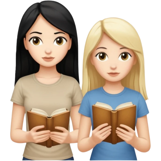 beautiful white girl with black hair in beige t-shirt and beautiful blonde with long hair in beige t-shirt reading beautiful vintage book emoji