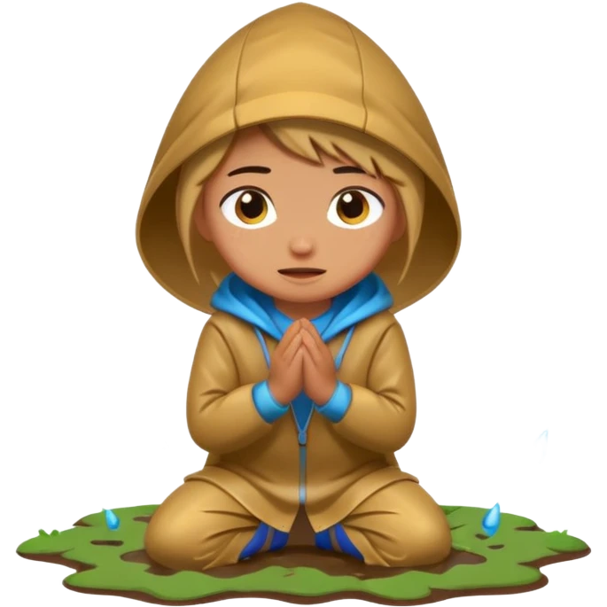 Character kneeling as rain hits the ground, one drop splashing exaggerated emoji