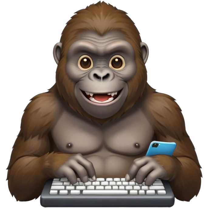 happy smiling gorilla ape typing on a keyboard, texting emoji