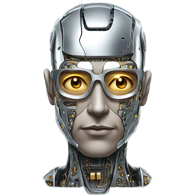 Male cyborg head with metallic skin, flat top, rectangular glasses and circuits emoji