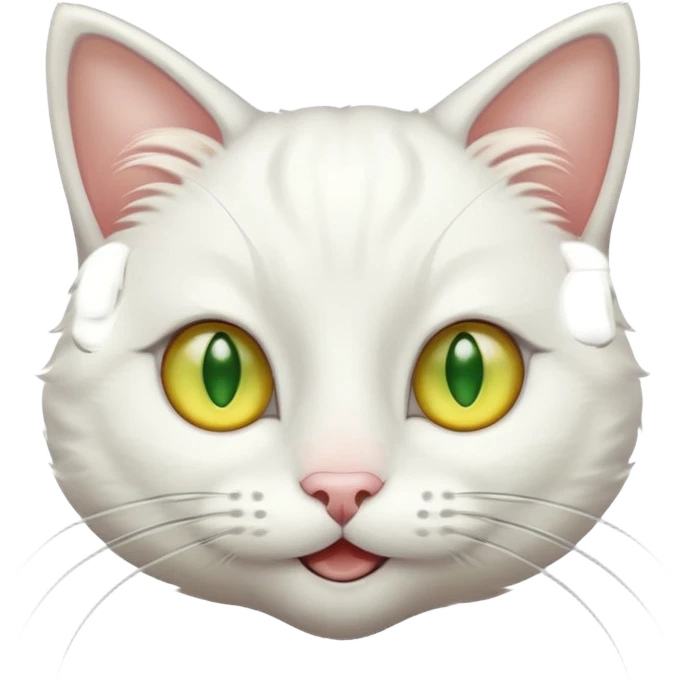 Realizar emoticonon de gato blanco con tonos gris claro solo carita sonriendo muy feliz ojos grandes de color verde con amarillos sus hijos  y bigotes largos  emoji