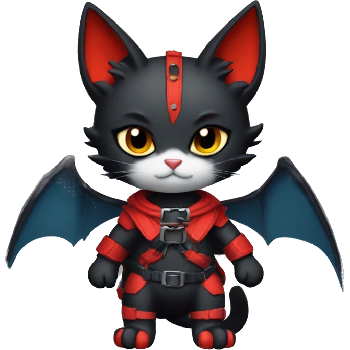 Cool Edgy Ethereal Fantasy Litten-Nargacuga-Cat with black bat-wing-ears with a red harness full body emoji