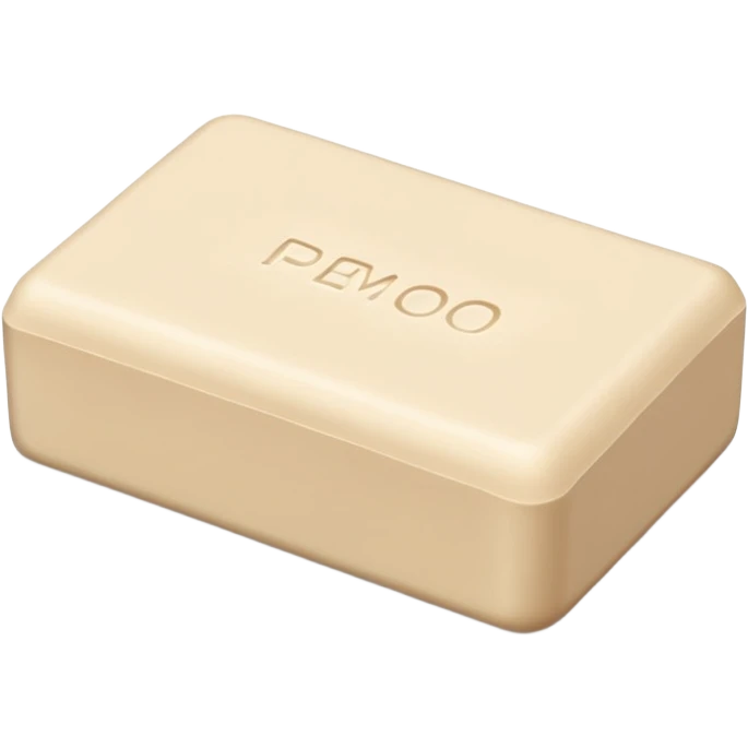 rectangular pale beige soap bar with slightly rounded edges, matte chalky surface, dense and firm, subtle top ridges or embossed mark, no packaging, no bubbles, no cloth, soft lighting, subtle shadows, emoji scale emoji