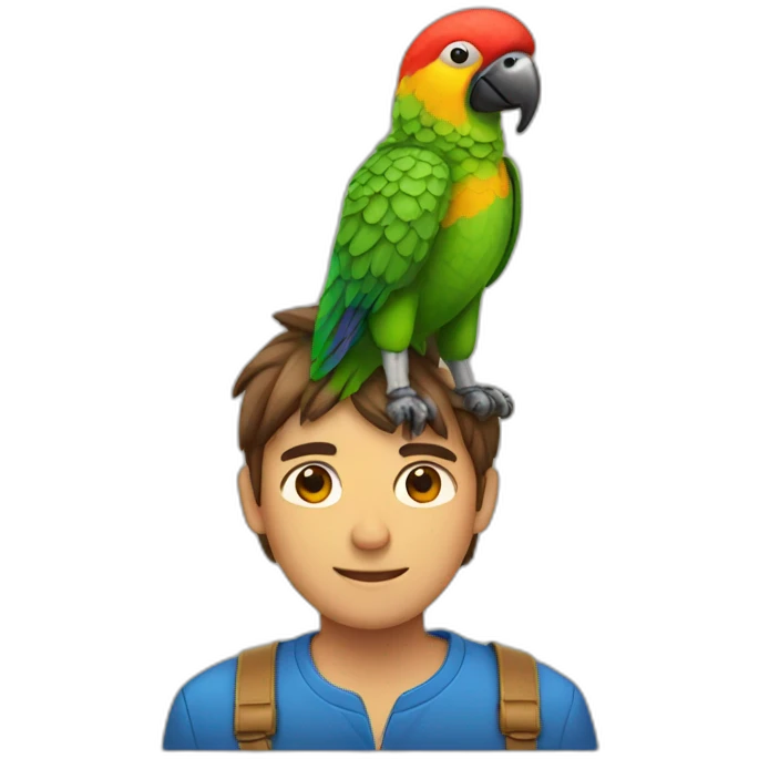 a A man with a parrot on his head and also a dog emoji