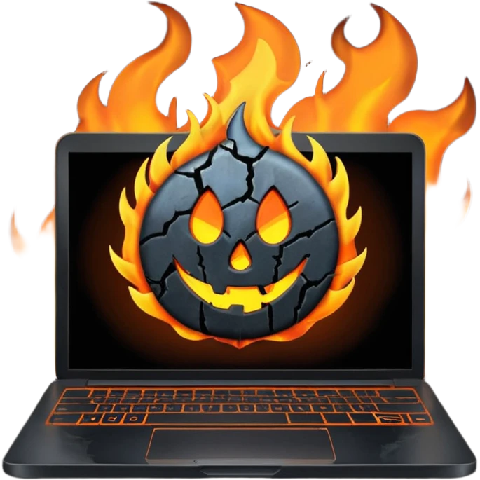  burning laptop with "malwarebytes" logo emoji