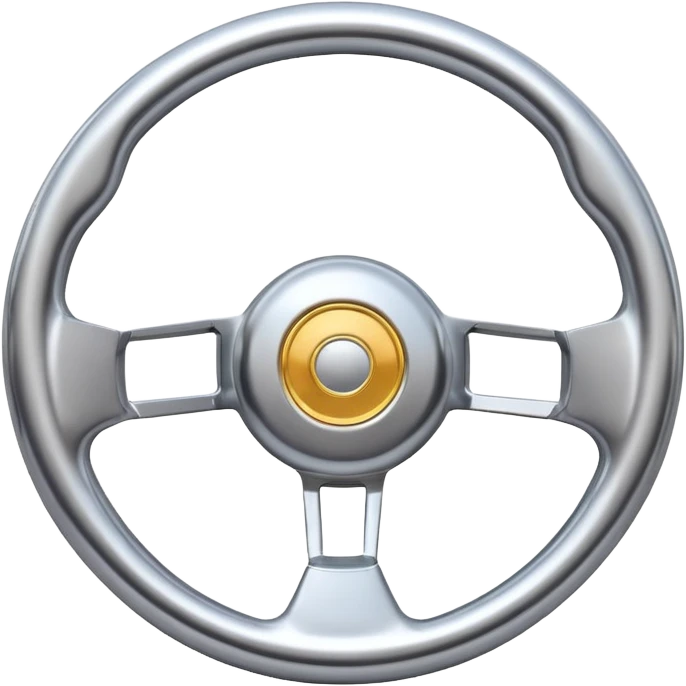 A futuristic steering wheel emoji made of silver chrome, minimal geometric design, smooth metallic surface, soft reflections, iOS emoji style, centered, clean white background emoji