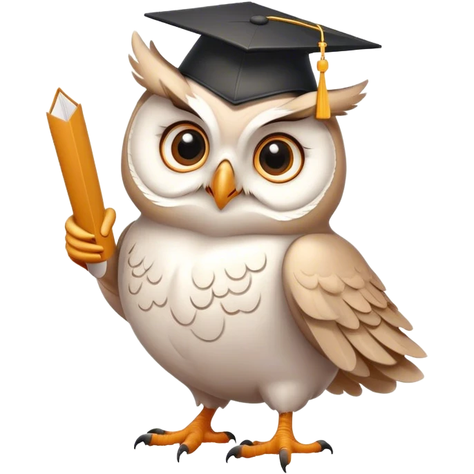 happy white Owl with graduation hat and diploma in claws emoji