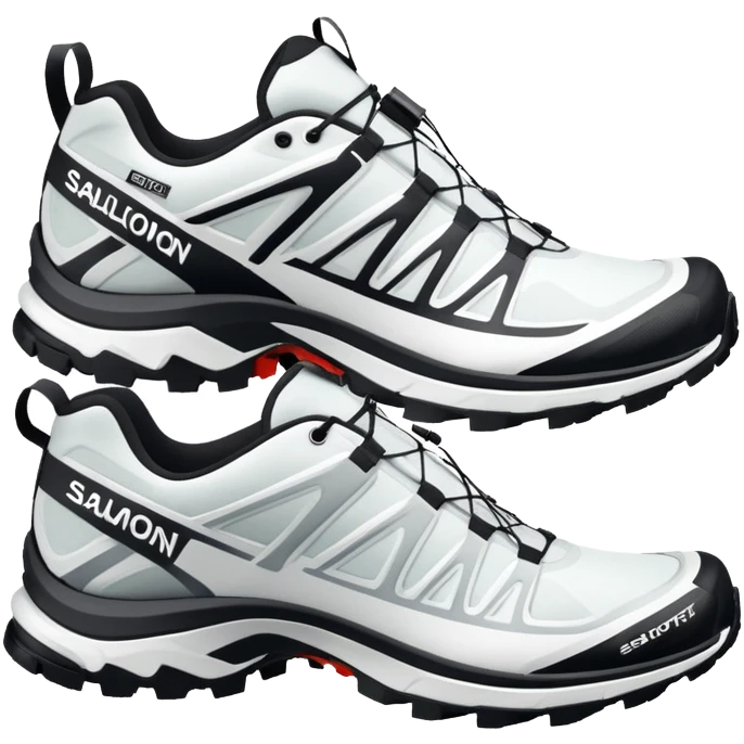 White Salomon XT-6 Gore-Tex sneakers as a pair with one shoe positioned behind the other, iOS emoji style, featuring trail running design with zigzag overlays and aggressive sole emoji