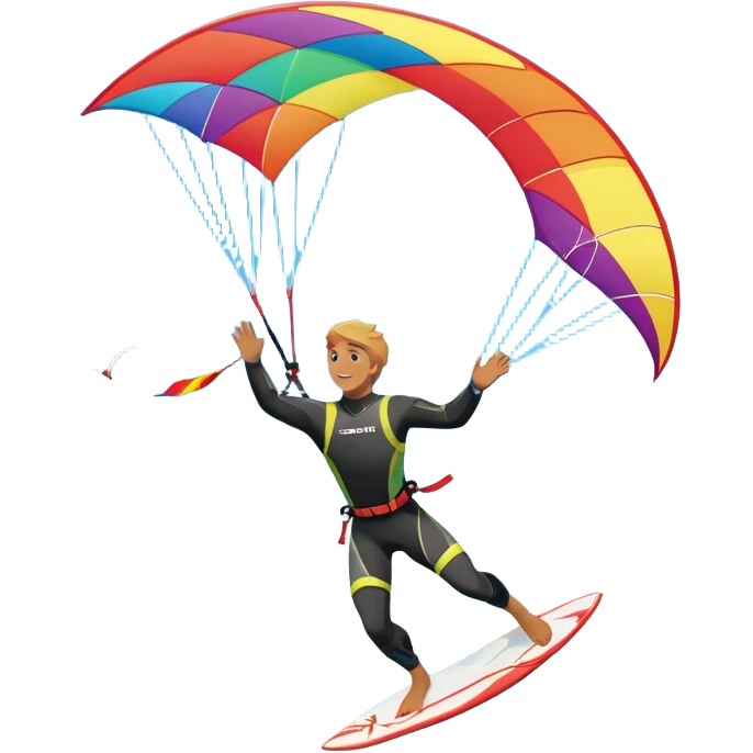 A kitesurfer soaring through the sky, harnessing the wind on a bright, colorful kite. The scene shows the surfer gliding over the water with the kite above, emphasizing the freedom, speed, and thrill of the sport in a dynamic coastal setting. emoji