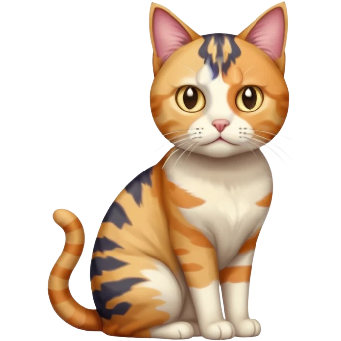 full body colourful calico tabby cat with disproportioned head with an anxious face emoji