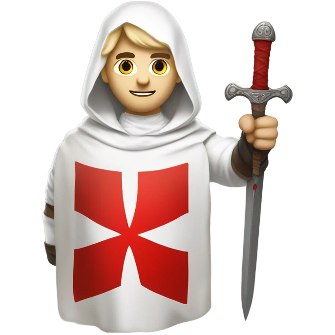 Bare headed blond haired Masonic knight Templar wearing a white tunic with a Red Cross on the front and a white mantle with a hood with a Red Cross on the left side and a male face with a red cap and holding a sword. emoji