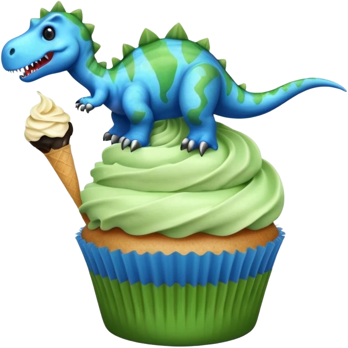 A cupcake having blue and black icing and a dinosaur as a decoration and ice cream next to it emoji
