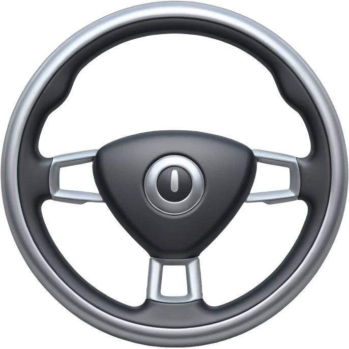 A futuristic steering wheel emoji made of silver chrome, minimal geometric design, smooth metallic surface, soft reflections, iOS emoji style, centered, clean white background emoji