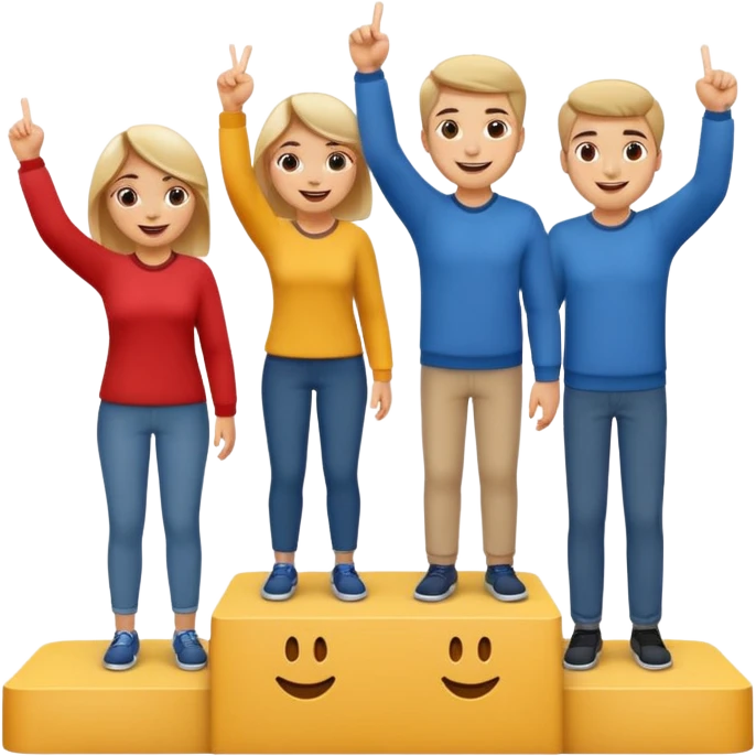 winners podium with three people, no numbers, middle step higher, all in relaxed casual clothes, center person raises one finger on each hand, cheerful expressive friendly emoji style emoji