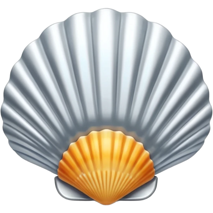 A seashell emoji made of polished silver chrome, smooth curved surface, reflective metallic highlights, elegant minimal design, iOS emoji style, centered, clean white background, soft lighting emoji