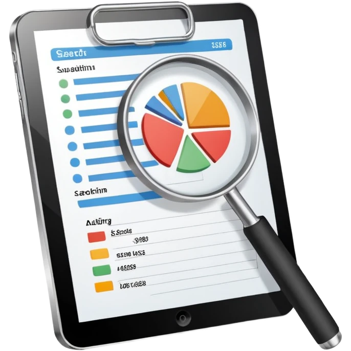 Checking and auditing estimate documents with search icon and infographic chart emoji