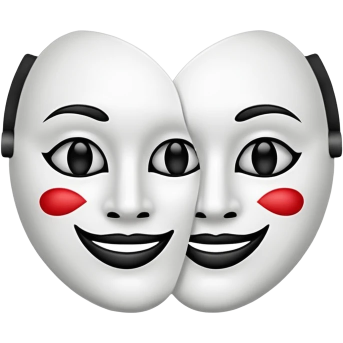 Half and half happy and sad theater face mask in one face mask, split down middle half smile half frown on white theater mask, black mouth black eyes emoji