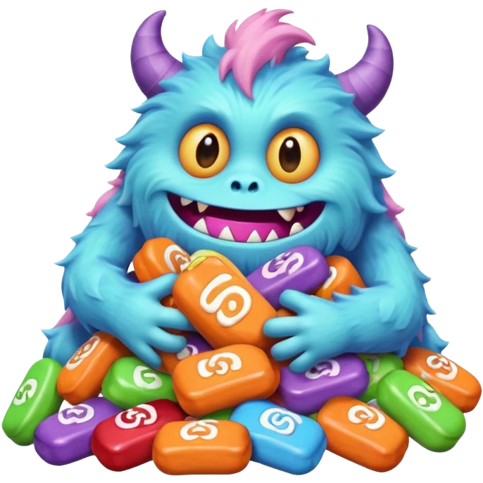 Candy Monster – a tiny pastel-colored monster hugging a pile of Halloween candy.  emoji