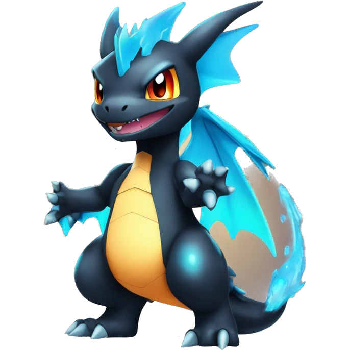 Black shiny chibi Mega-Charizard-X-Raptor-Fakémon with nebula-gradient colors full body emoji