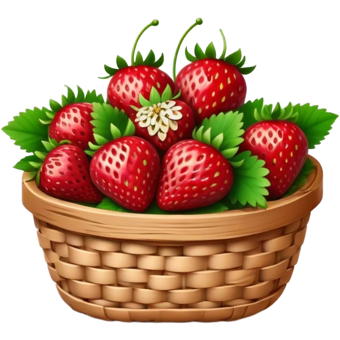 Cinematic ripe strawberrie, deep red, glossy with tiny seeds, green leaves still attached, gathered in a rustic basket, warm glowing background, fresh and sweet. emoji