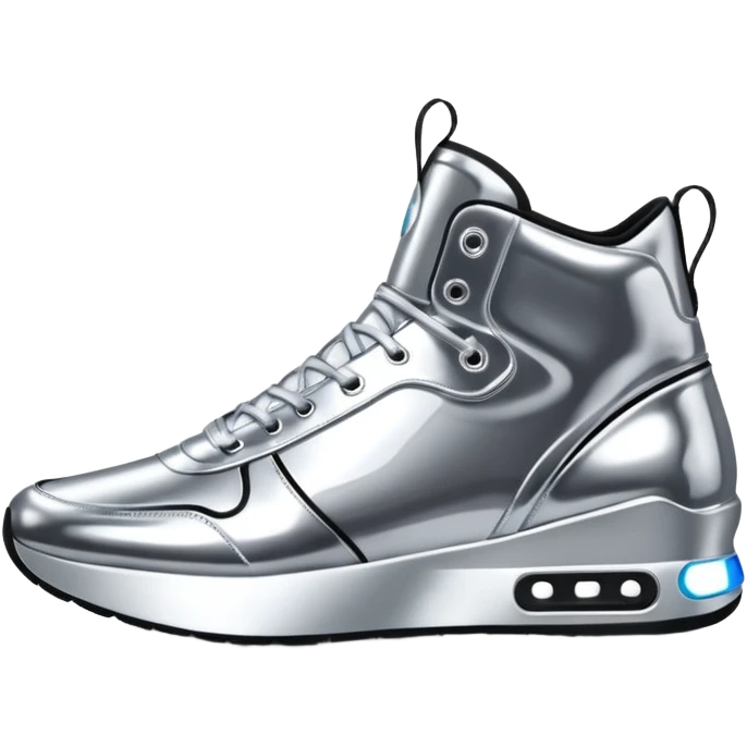 A pair of futuristic sneakers emoji made of silver chrome, sleek streetwear design, smooth metallic panels, subtle reflections, luxury swag aesthetic, iOS emoji style, centered, clean white background emoji