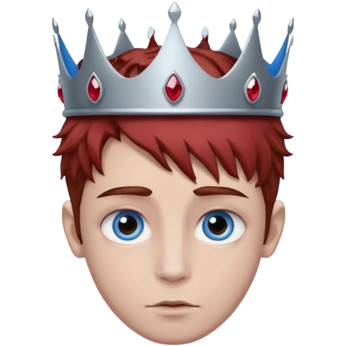 grey boy head with right eye blue and left eye red. he has messy brown hair and a silver crown with rubies on it emoji