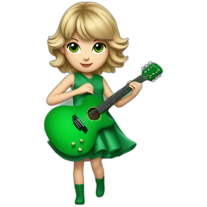 Taylor swift avec une robe vert jouant de la guitare avec des magnifiques oeils emoji