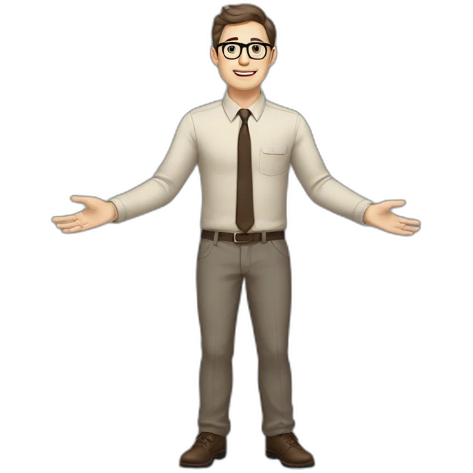 Full height Actively gesturing with hands Pale skinned fit man with dark brown hair in gray jacket, beige office shirt, brown tie, brown pants and vintage glasses. emoji