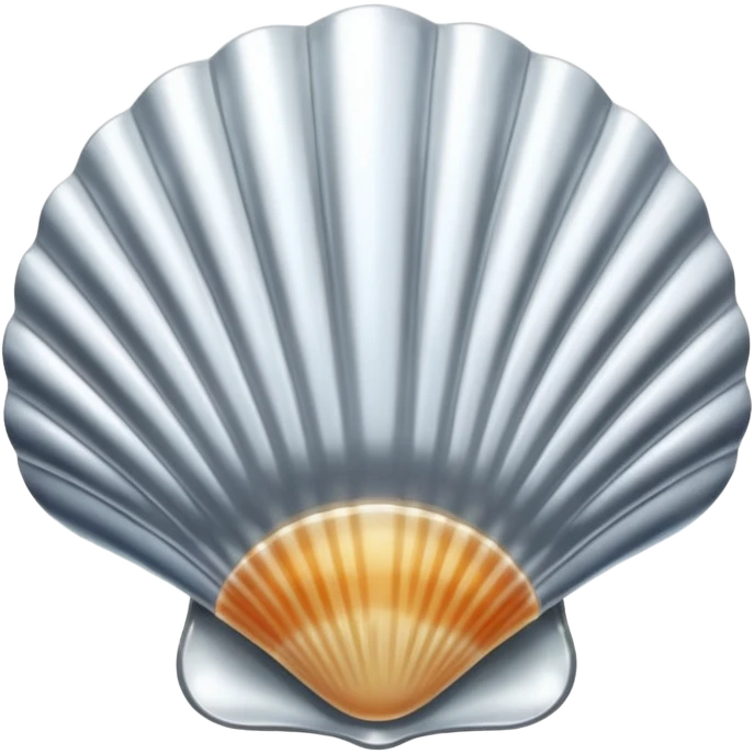 A seashell emoji made of polished silver chrome, smooth curved surface, reflective metallic highlights, elegant minimal design, iOS emoji style, centered, clean white background, soft lighting emoji