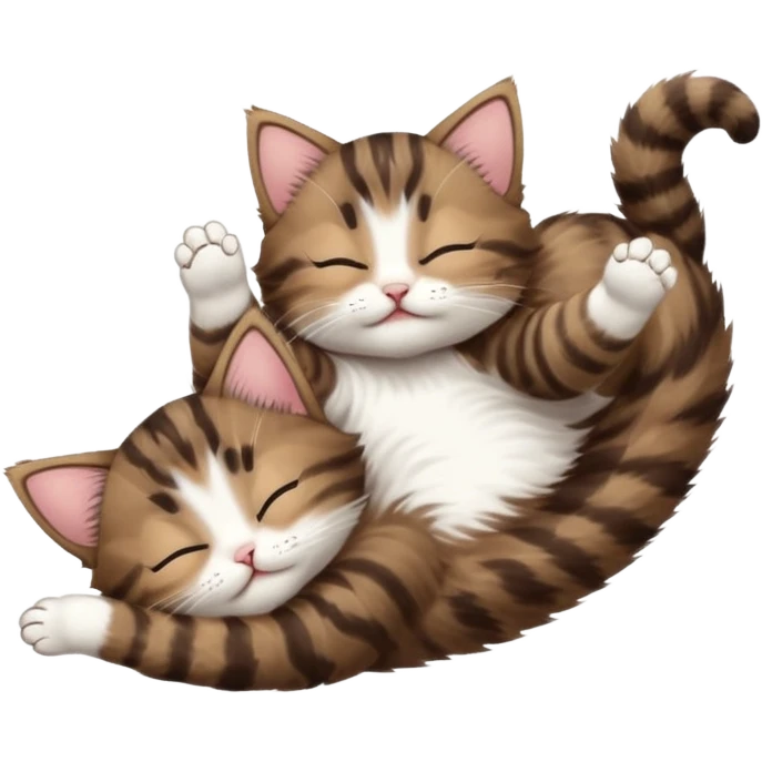 dark brown tabby and white kitten in funny positions stretched our upside down with eyes closed emoji
