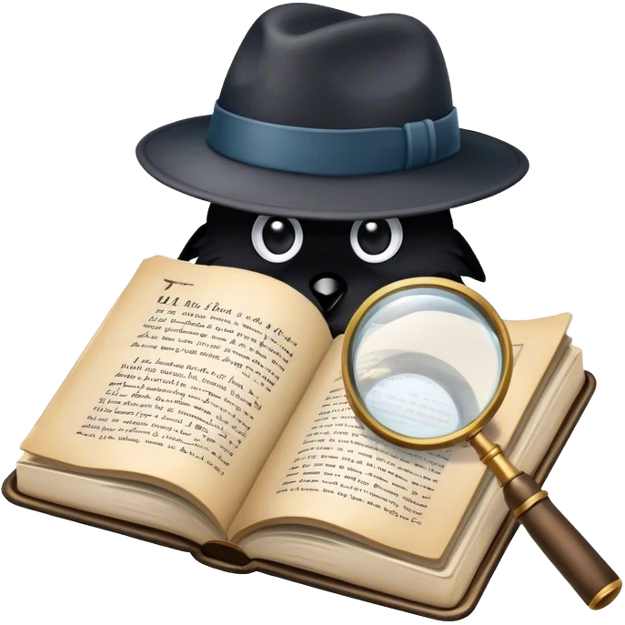 Icon for Detective Reading: an open book with text and a magnifying glass, a detective’s hat and a notebook with clues, surrounded by dark shadows and mysterious elements like footprints. Transparent background. emoji