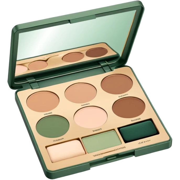 An elegant open makeup palette with earthy-toned eyeshadows and a small mirror, minimalist line art, warm beige and marsh green background emoji