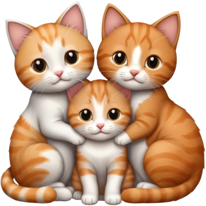 3 tiny kittens cuddling together all different colours, the first one is grey and white, the second is ginger and white and the third is brown tabby and white emoji
