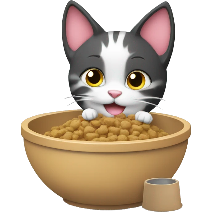 cute cat eating kibble in the bowl with hearts around   emoji