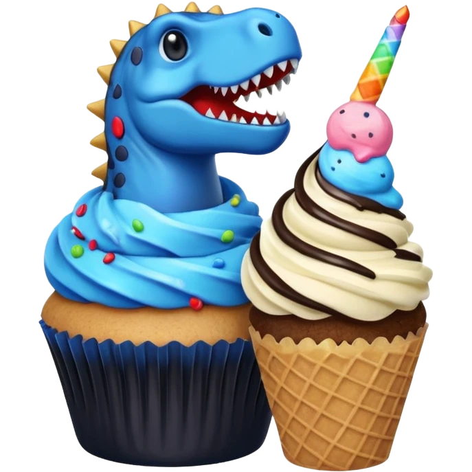 A cupcake having blue and black icing and a dinosaur as a decoration and ice cream next to it emoji