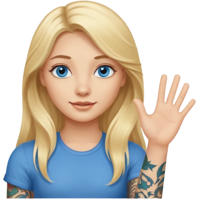 blonde girl with long hair blue eyes waving hello with tattoos emoji