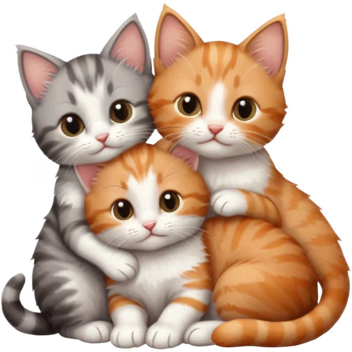 3 tiny kittens cuddling together all different colours, the first one is grey and white, the second is ginger and white and the third is brown tabby and white emoji