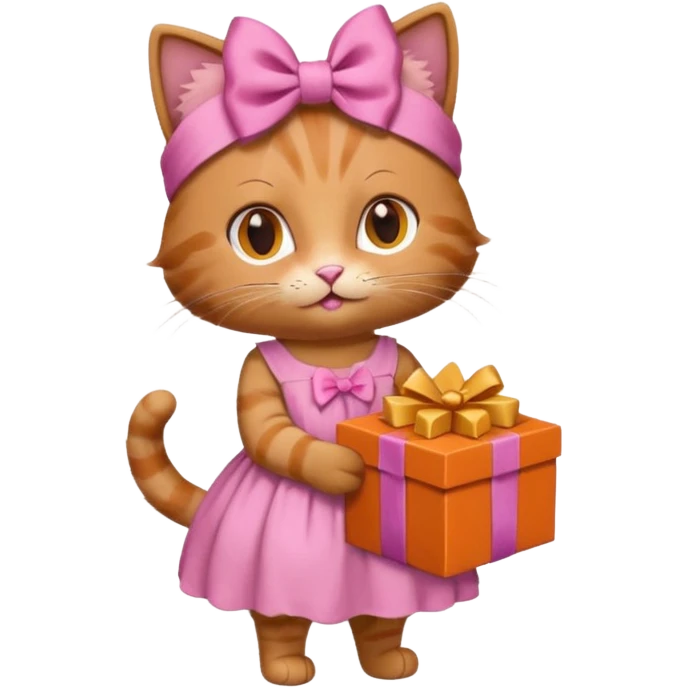 گربه ای سفسد نارنجی که جعبه شکلات دستشه لباسش صورتیه و پاپیون صورتی رو سرشه emoji