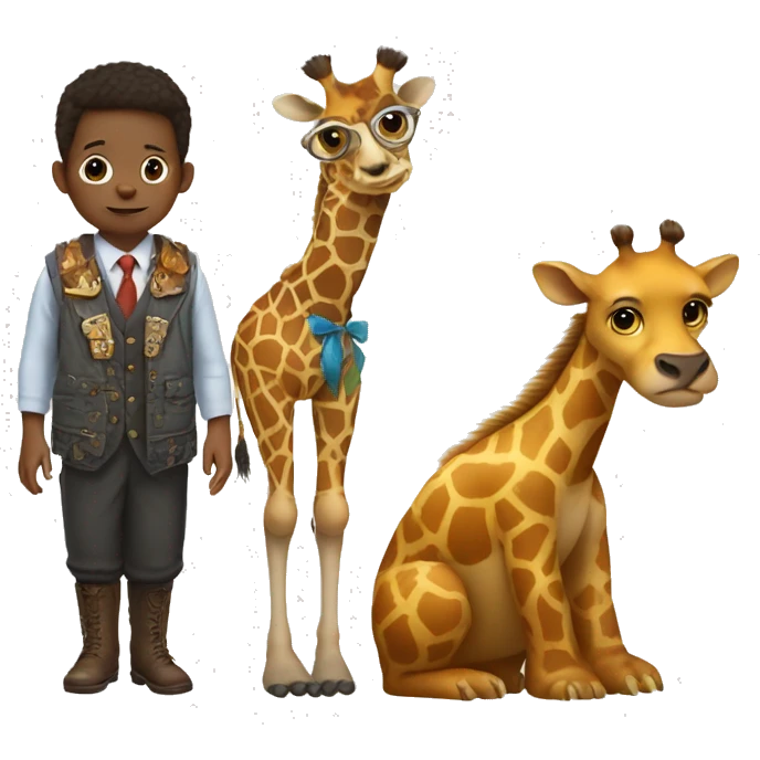 a child dressed up with the feet of a giraffe, the arms of an eagle and the head of a beaver. emoji