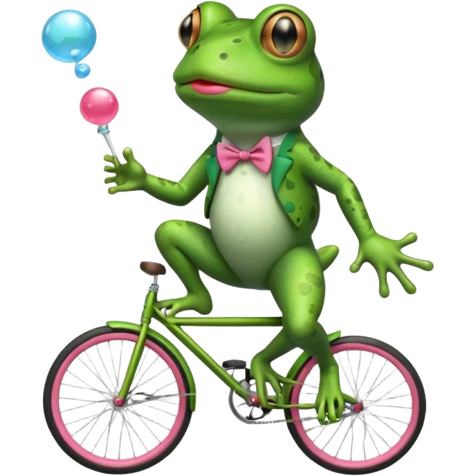 A frog riding a unicycle wearing a monocle blowing a bubble gum bubble emoji