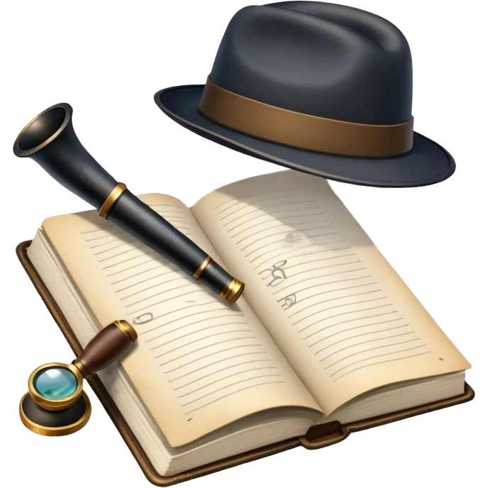 Icon for Detective Reading: an open book with a magnifying glass, a detective’s hat, and a notebook with clues, surrounded by dark shadows and mysterious elements like footprints and a smoking pipe. Transparent background. emoji