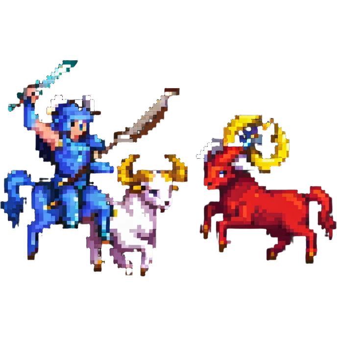 Sagittarius defeating Aries ram, pixel art style emoji