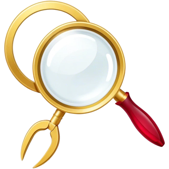 Jewelry art icon. A ring with a golden ruby through magnifying glass and pliers. Minimalistic style, clean lines, transparent background. emoji