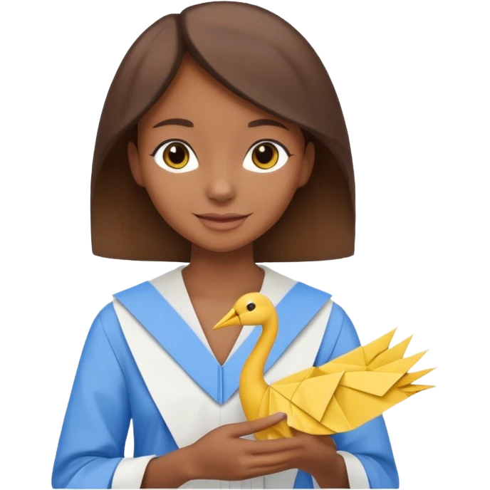 happy-african-young-girl-with-brown-hair-in-a-white-kanga-shirt-holds-an-origami-yellow-and-blue-crane emoji