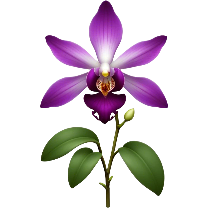 Cinematic Realistic Orchid Emoji, Exotic and elegant, with intricate, velvety petals in deep purple and white, forming a delicate and symmetrical blossom. The slender green stem holds the flower high, while surrounding leaves add lush contrast. Soft glowing outline, capturing the essence of rare beauty and sophistication in a captivating orchid. emoji