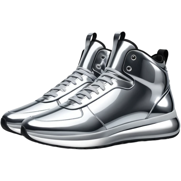 A pair of futuristic sneakers emoji made of silver chrome, sleek streetwear design, smooth metallic panels, subtle reflections, luxury swag aesthetic, iOS emoji style, centered, clean white background emoji